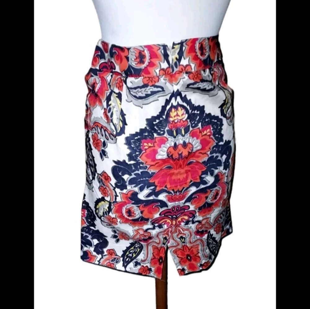 J Crew 0 Pencil Skirt 100% Linen Floral Orange Blue Zipup dimensions wai… - Picture 3 of 3
